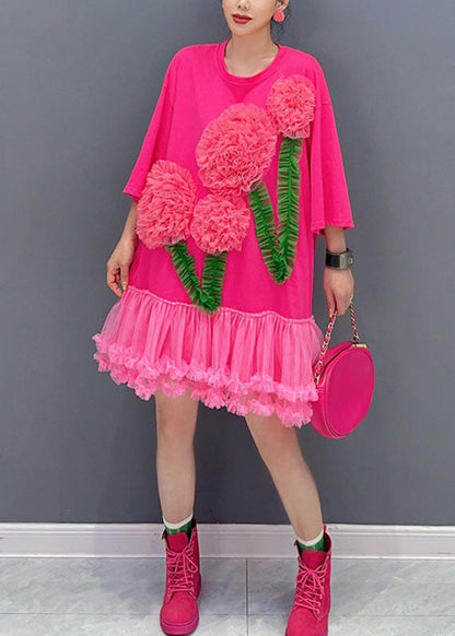 Italian Black O-neck Tulle Patchwork Mid T Shirts Dress Long Sleeve