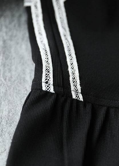 Italian Black O-neck Patchwork Knit Cinch Mid Dress Short Sleeve