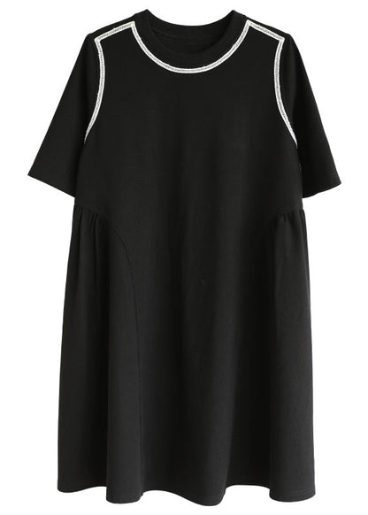 Italian Black O-neck Patchwork Knit Cinch Mid Dress Short Sleeve
