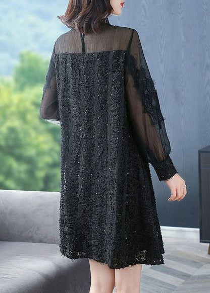 Italian Black O-neck Patchwork Silk Mid Dress Spring