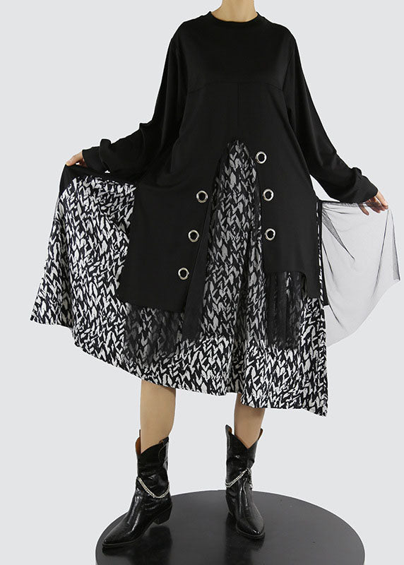 Italian Black O-neck Side Open Tulle Patchwork Dress Spring
