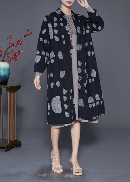 Italian Black Oversized Print Cotton Coat Outwear Fall