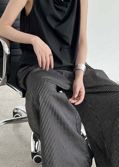 Italian Black Oversized Striped Cotton Wide Leg Pants Spring
