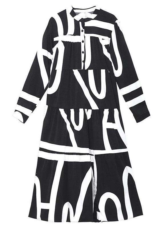 Italian Black Patchwork Button Print Fall Long Sleeve Party Dress