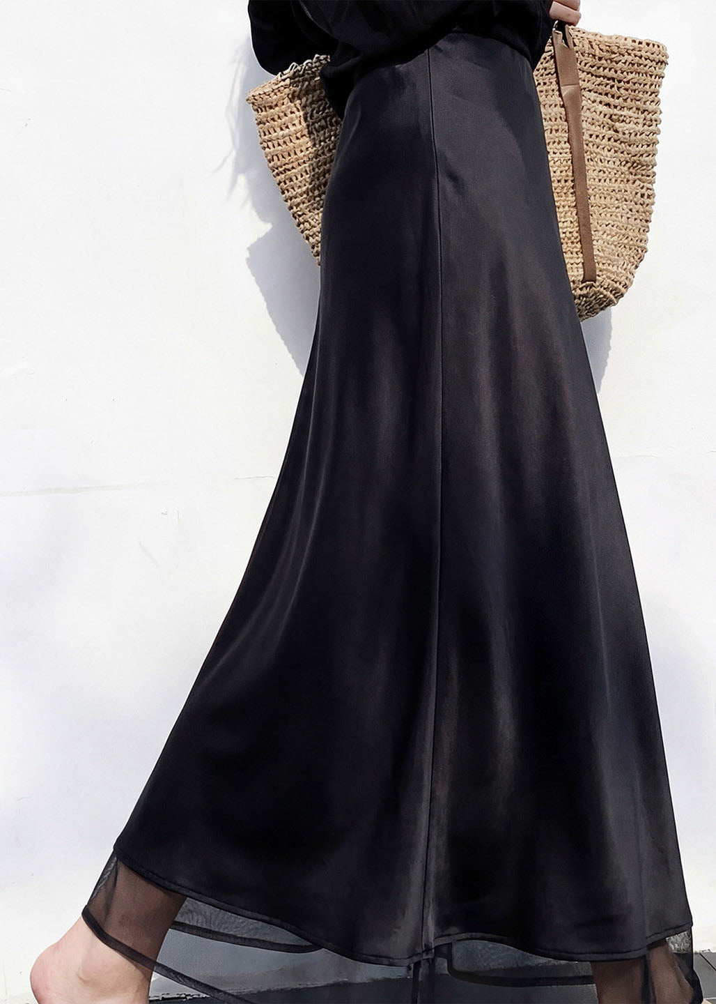 Italian Black Patchwork High Waist Silk Skirt Spring