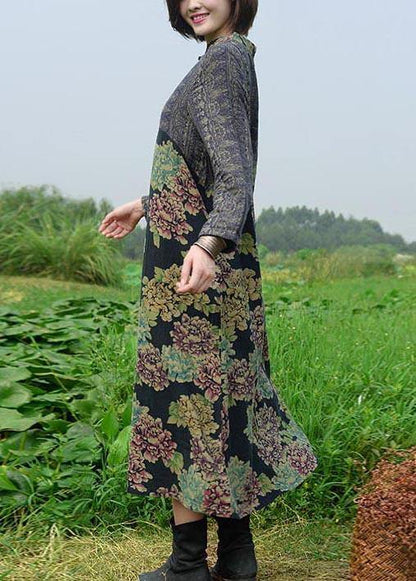 Italian Black Peony Dresses O Neck Patchwork Maxi Dresses