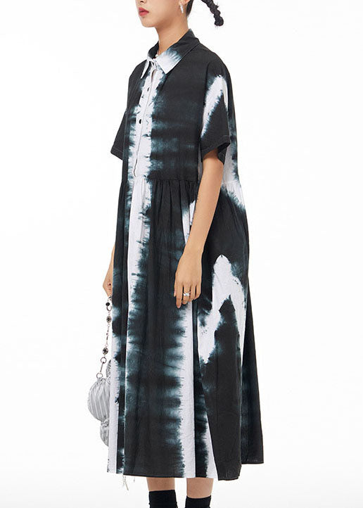 Italian Black Peter Pan Collar Wrinkled Tie Dye Patchwork Cotton Shirts Dress Summer