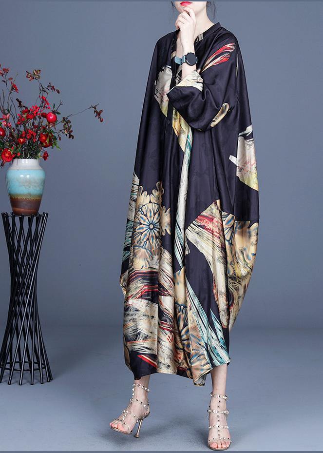 Italian Black Print Button Summer Spring Chiffon Dress
