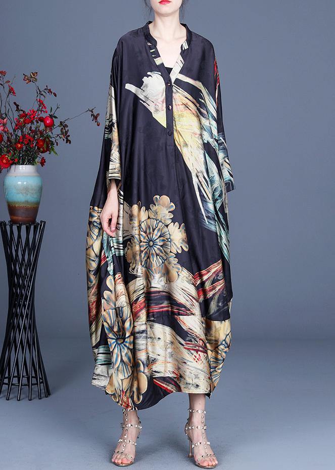 Italian Black Print Button Summer Spring Chiffon Dress