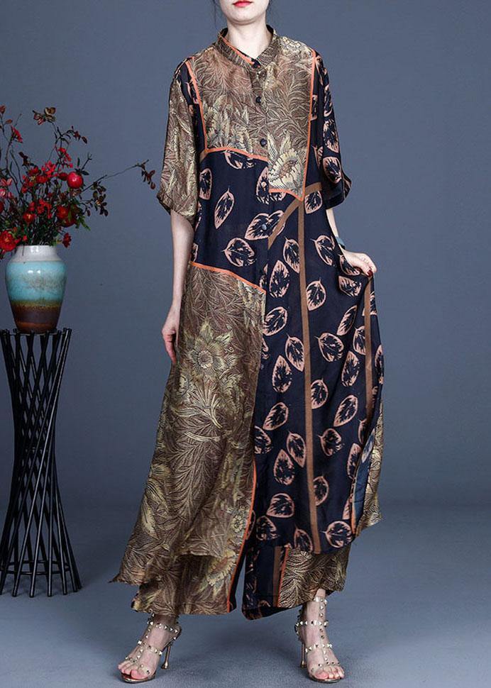 Italian Black Print Button Long Shirts Wide Leg Two-piece Set