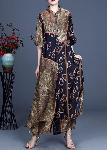 Italian Black Print Button Long Shirts Wide Leg Two-piece Set