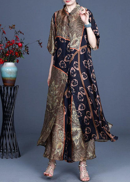 Italian Black Print Button Long Shirts Wide Leg Two-piece Set
