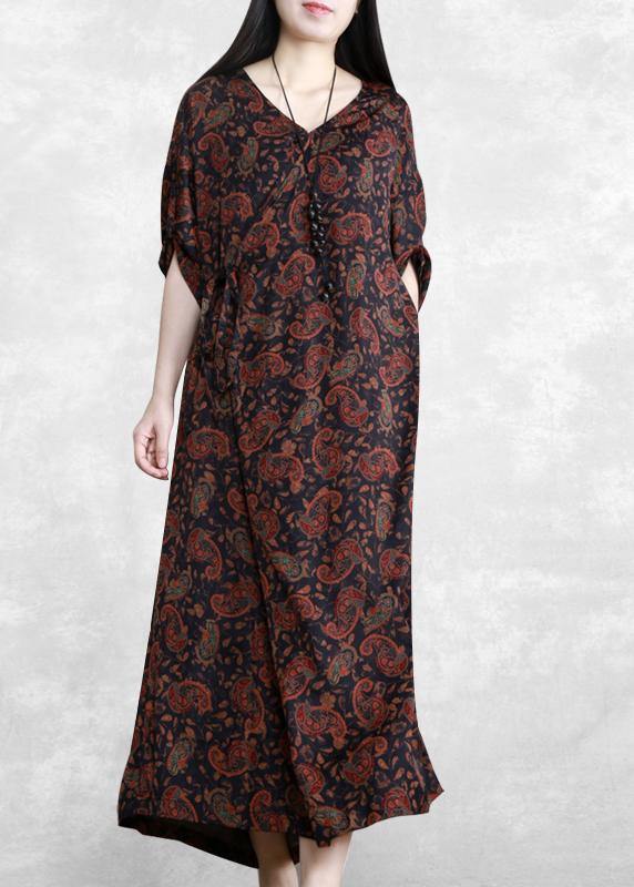 Italian Black Print Dresses V Neck Asymmetric Maxi Spring Dress