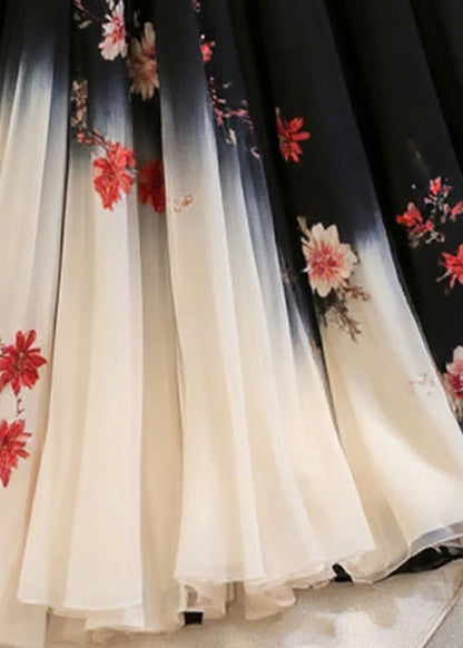 Italian Black Print Elastic Waist Chiffon Skirts Summer