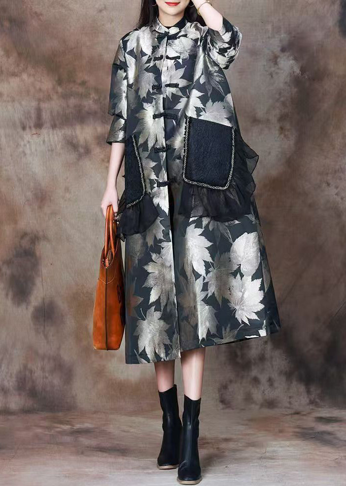 Italian Black Print Pockets Patchwork Silk Cotton Long Coats Spring
