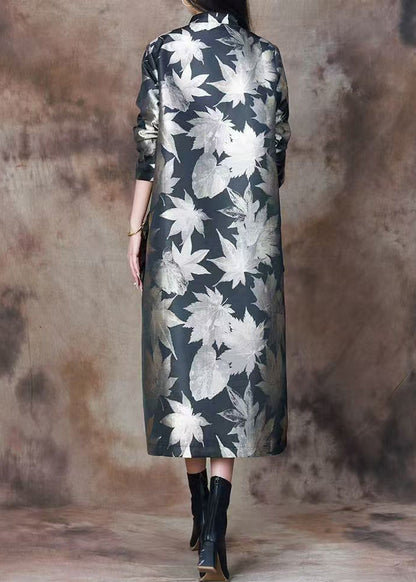 Italian Black Print Pockets Patchwork Silk Cotton Long Coats Spring