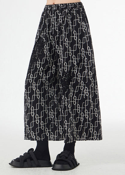 Italian Black Print Pockets Patchwork Silk Cotton Wide Leg Pants Summer