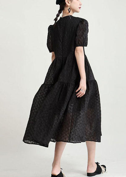 Italian Black Puff Sleeve Patchwork Summer Dress Short Sleeve