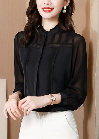Italian Black Ruffled Lace Patchwork Silk Shirt Spring