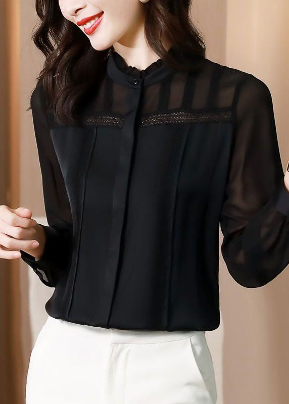 Italian Black Ruffled Lace Patchwork Silk Shirt Spring