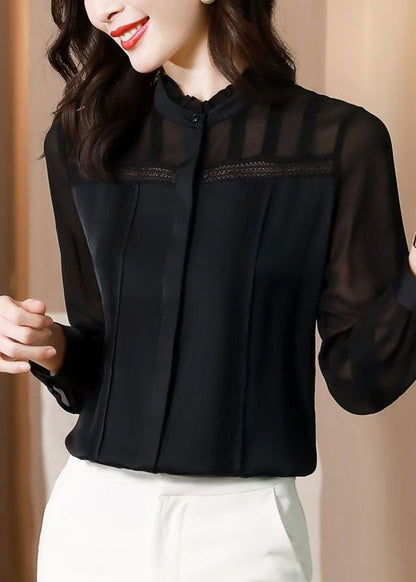 Italian Black Ruffled Lace Patchwork Silk Shirt Spring