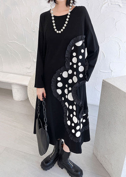 Italian Black Ruffled Patchwork Print Fall Ankle Dress Long Sleeve