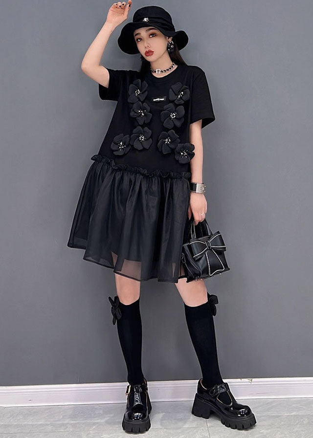 Italian Black Ruffled Tulle Patchwork Cotton Mid Dress Short Sleeve