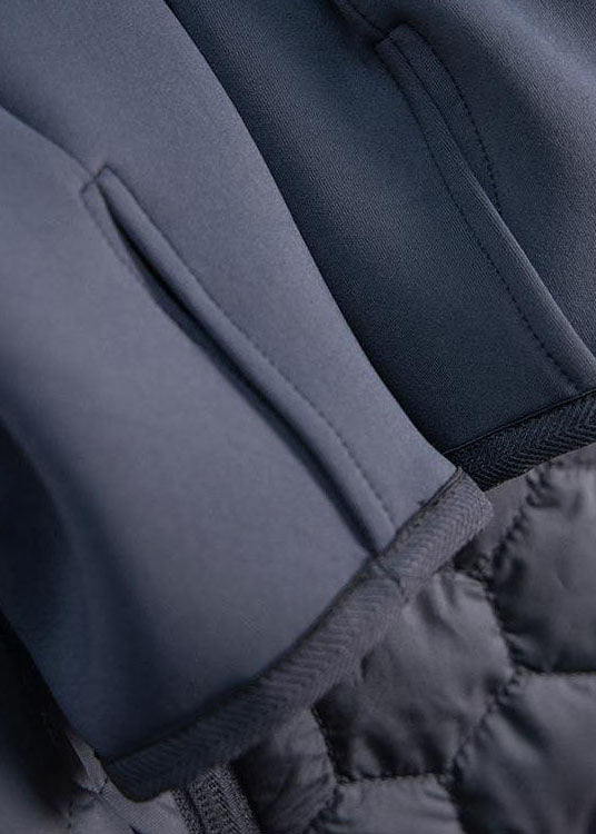 Italian Black Stand Collar Zip Up Slim Fit Fine Cotton Filled Jacket in Winter