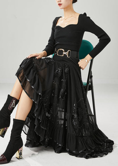 Italian Black Stereoscopic Chiffon a Line Skirt Fall