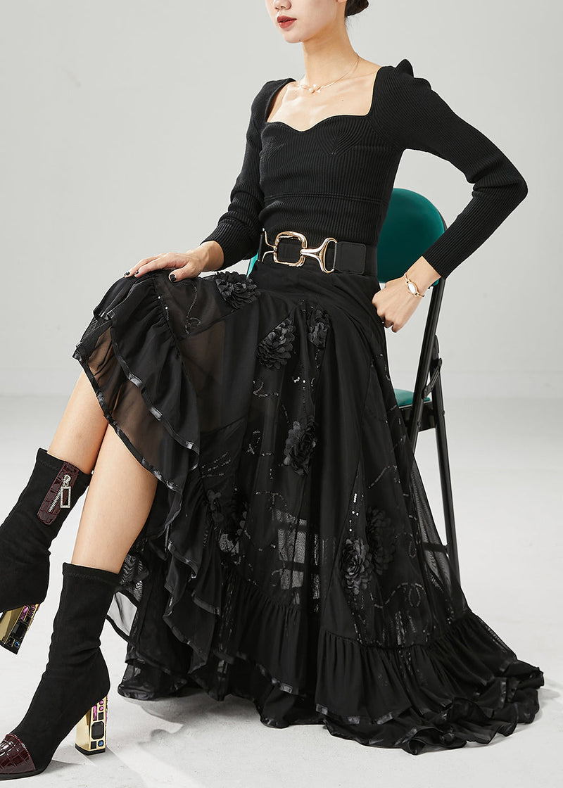 Italian Black Stereoscopic Chiffon a Line Skirt Fall
