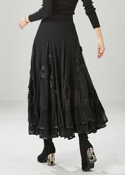 Italian Black Stereoscopic Chiffon a Line Skirt Fall