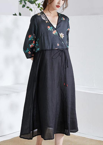 Italian Black Tie Waist Patchwork Print Summer Ramie Shirts