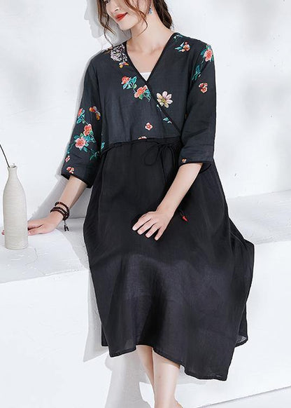 Italian Black Tie Waist Patchwork Print Summer Ramie Shirts
