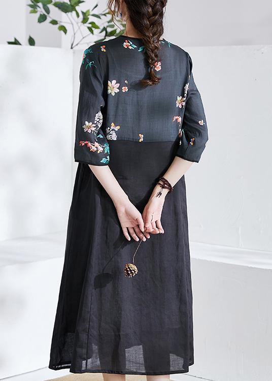 Italian Black Tie Waist Patchwork Print Summer Ramie Shirts