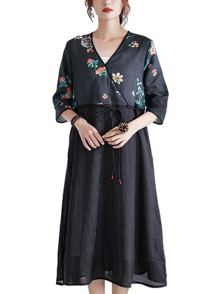 Italian Black Tie Waist Patchwork Print Summer Ramie Shirts