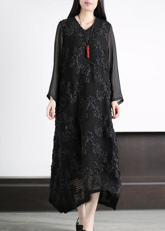 Italian Black V Neck Hollow Out Patchwork Cotton Dress Long Sleeve