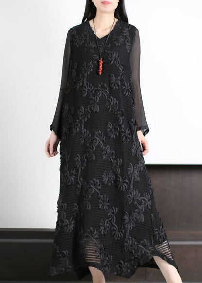 Italian Black V Neck Hollow Out Patchwork Cotton Dress Long Sleeve