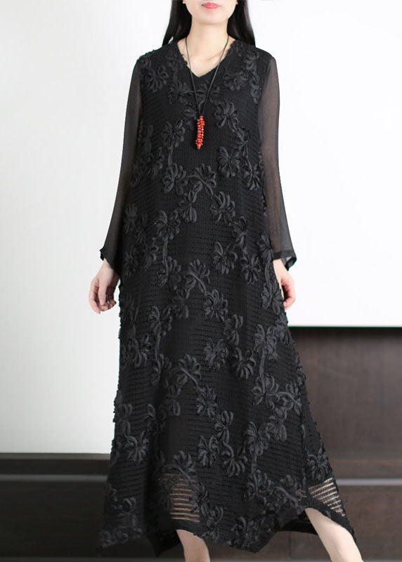 Italian Black V Neck Hollow Out Patchwork Cotton Dress Long Sleeve