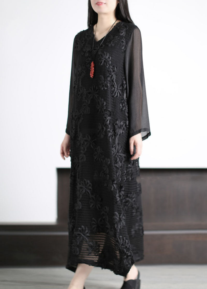 Italian Black V Neck Hollow Out Patchwork Cotton Dress Long Sleeve