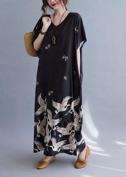 Italian Gray Bamboo V Neck Pockets Print Summer Holiday Dress Short Sleeve