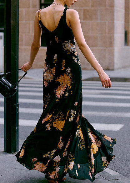Italian Black V Neck Print Chiffon Spaghetti Strap Dress Sleeveless