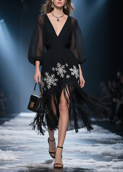 Italian Black V Neck Tassel Patchwork Chiffon Long Dress Summer