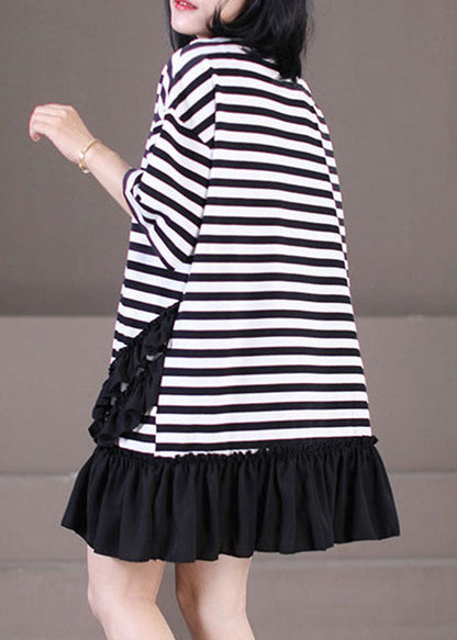 Italian Black White Striped O-neck Patchwork Ruffled Robe Dresses Short Sleeve