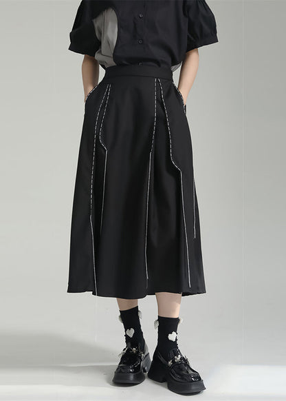 Italian Black Wrinkled Pockets Patchwork Cotton Skirts Fall