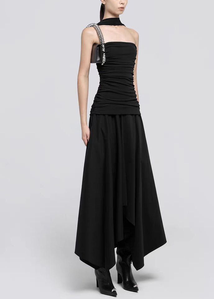 Italian Black Wrinkled Cotton Long Dress Sleeveless