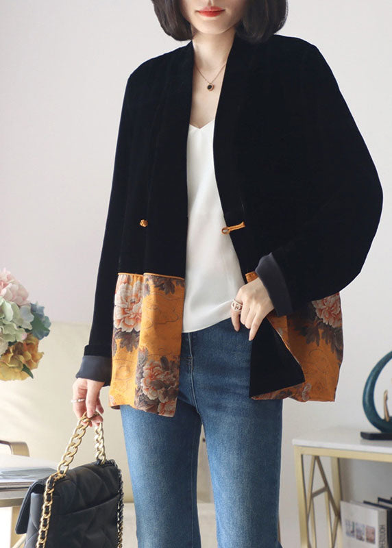 Italian Black Button V Neck Print Patchwork Silk Coats Long Sleeve