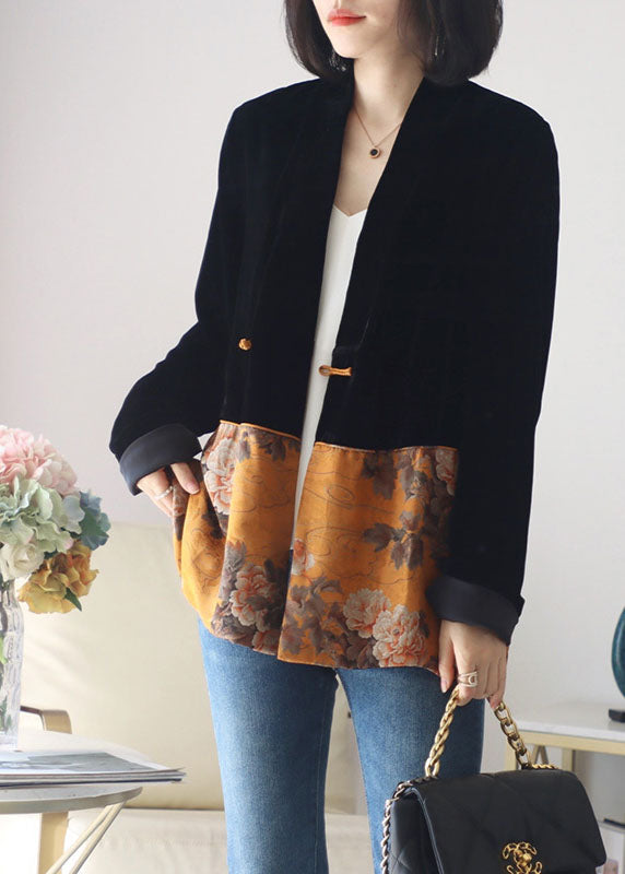 Italian Black Button V Neck Print Patchwork Silk Coats Long Sleeve
