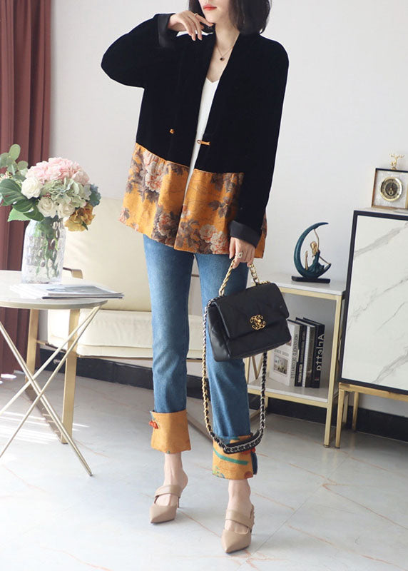 Italian Black Button V Neck Print Patchwork Silk Coats Long Sleeve