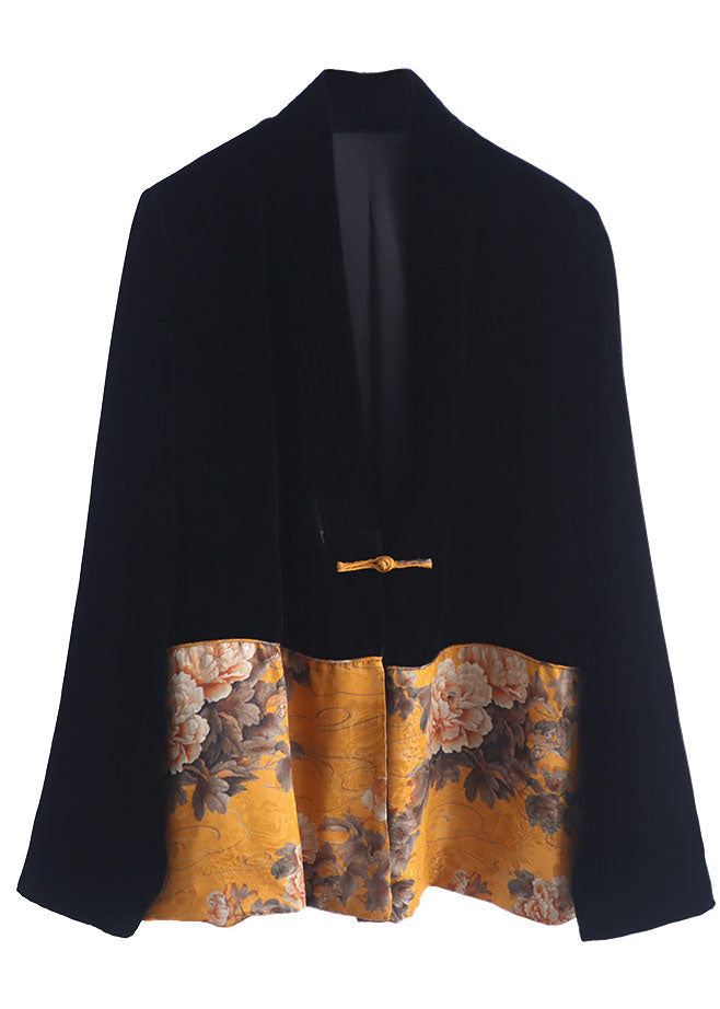 Italian Black Button V Neck Print Patchwork Silk Coats Long Sleeve
