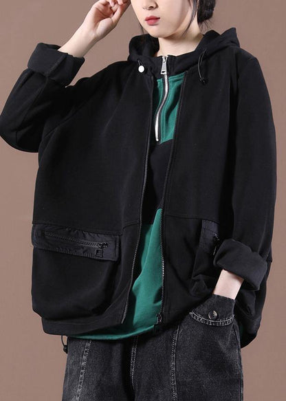 Italian Black Zippered Hooded Coat Spring